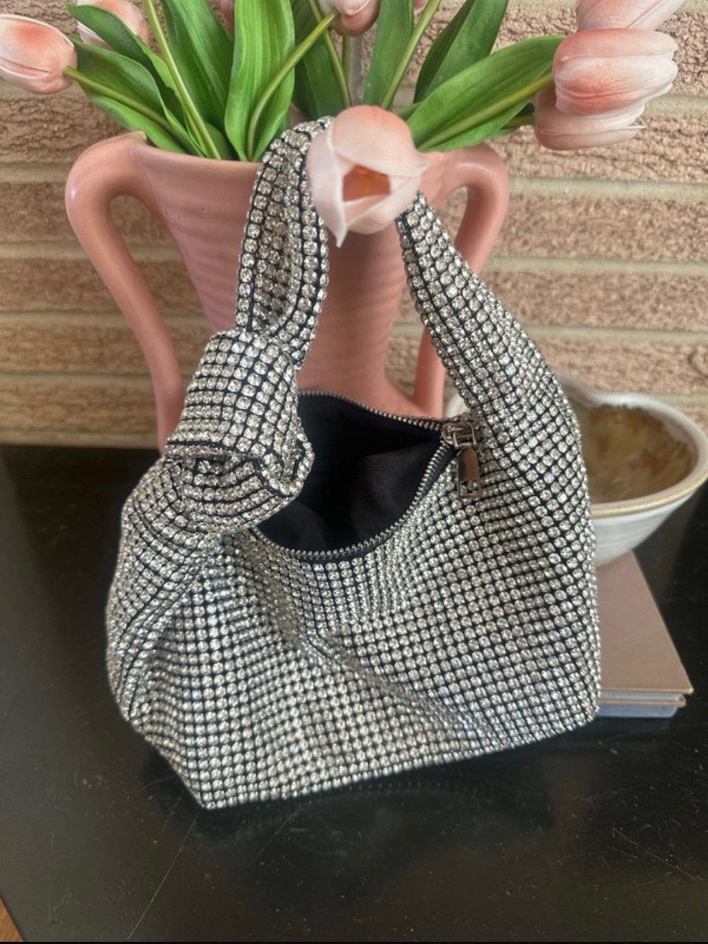 Silver Crystal Knotted Handle Evening Bag